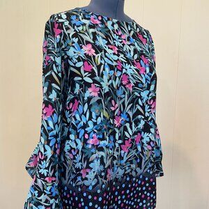 Chaus M Blue Floral Blouse with Bell Sleeve